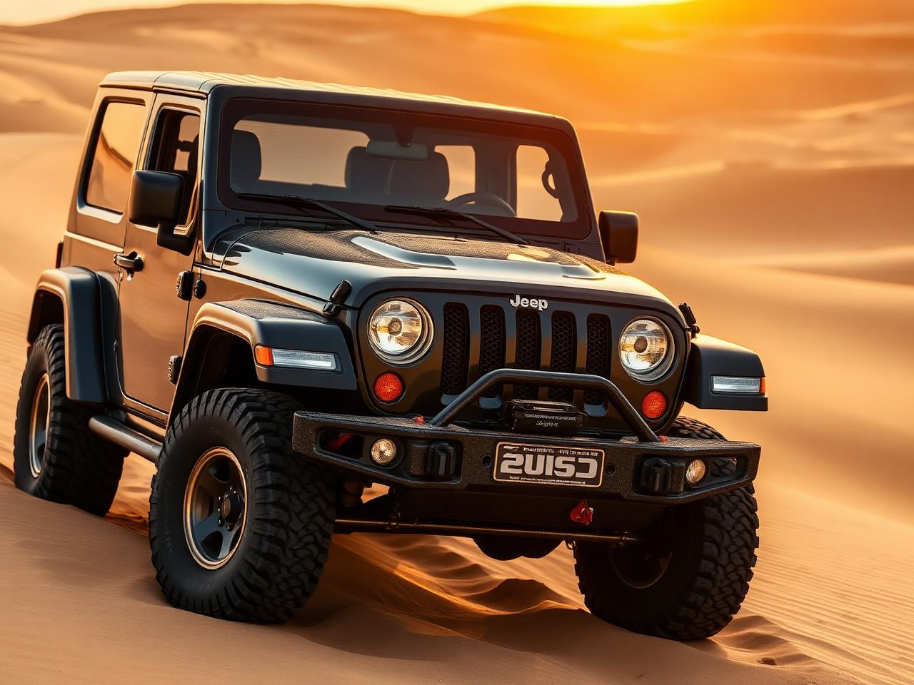 Jeep Wrangler in UAE desert dunes at golden hour