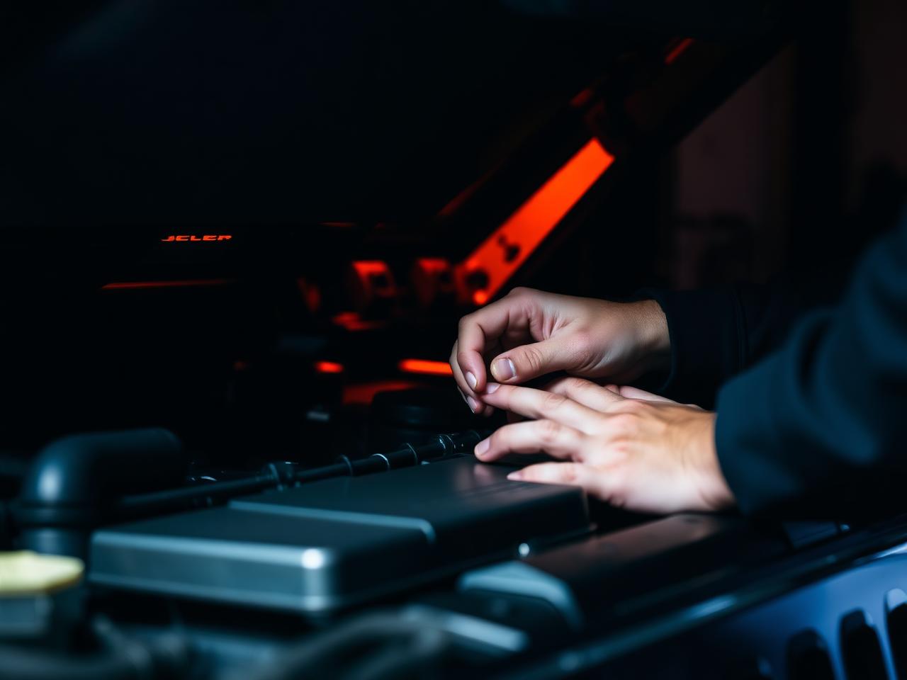 Mechanic performing diagnostics on Jeep engine